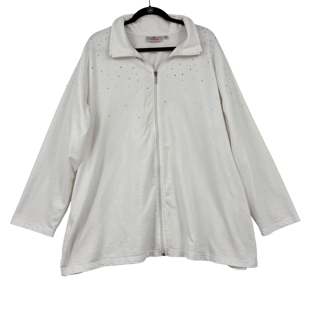 Quacker Factory Embellished Sweatshirt Size 3X White Rhinestone Pearl Full Zip